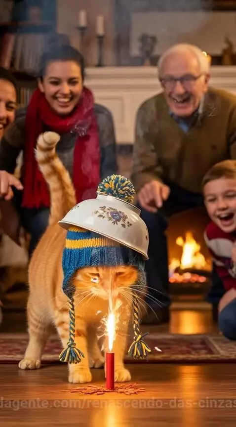 Um gato laranja usando gorro de tricô acende uma bombinha em... by renascendo-das-cinzas