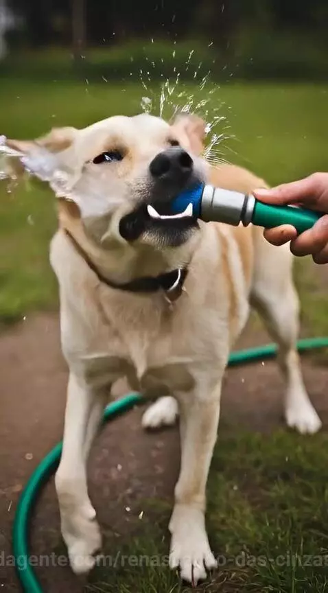 Um cachorro tentando morder a água que sai da mangueira.  ⁨@... by renascendo-das-cinzas