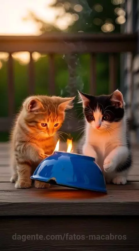 Dois gatinhos acendem uma bombinha embaixo de uma bacia azul... by fatos-macabros