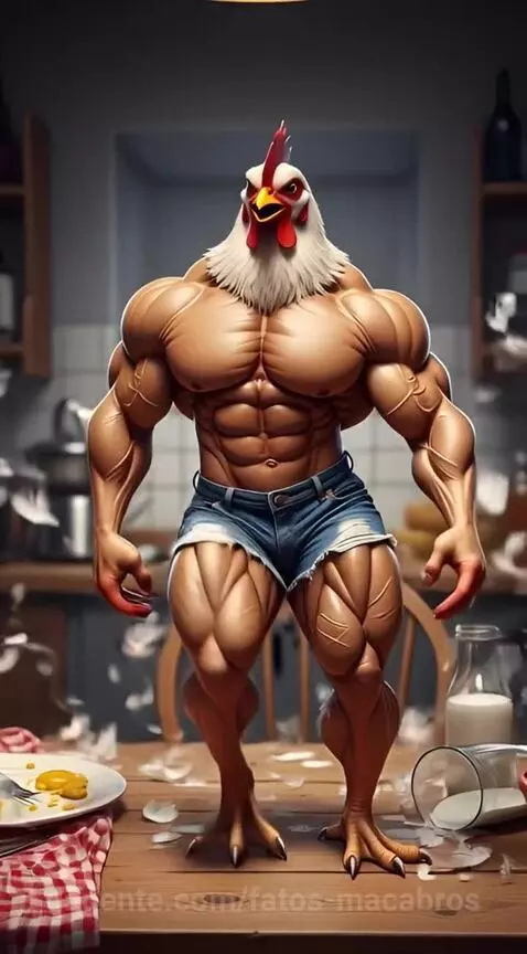 Um frango sem penas com corpo musculoso de fisiculturista hu... by fatos-macabros