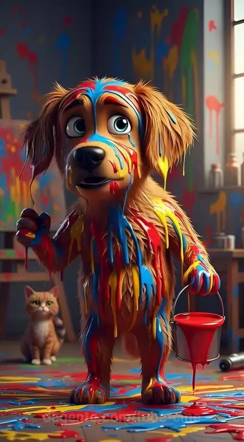 Cachorro toma banho de tinta completo culpa do Gato Pintor, ... by tube-cine