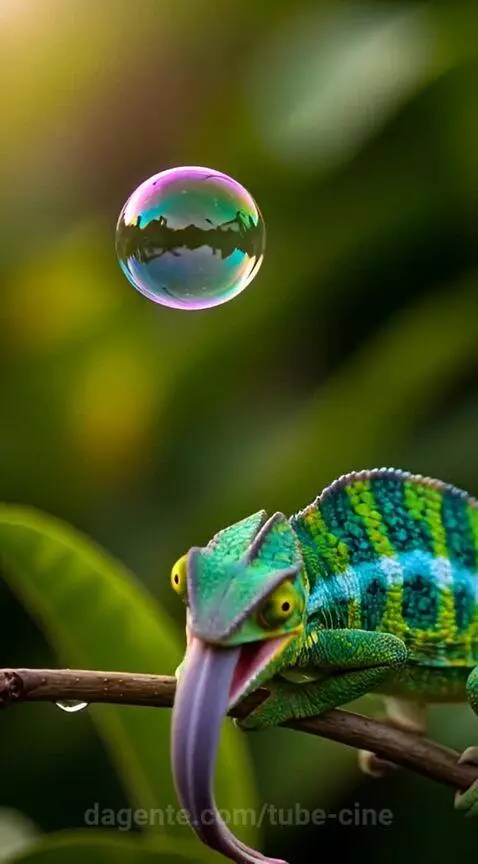 Um camaleão tentando pegar uma bolha de sabão com a língua. ... by tube-cine
