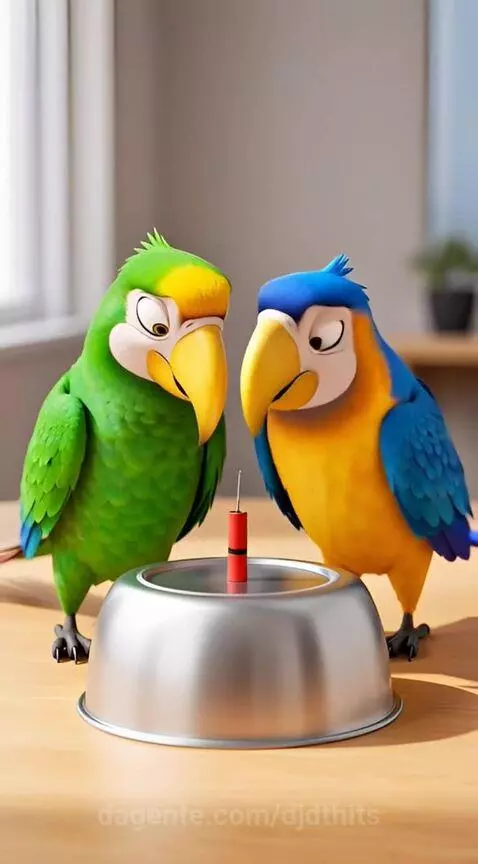 Dois papagaios acendem uma bombinha debaixo de uma tigela; a... by djdthits