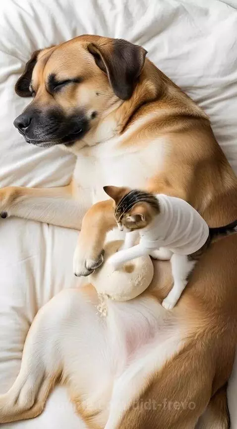 Um gato 'amassando pãozinho' na barriga de um cachorro grand... by djdt-frevo