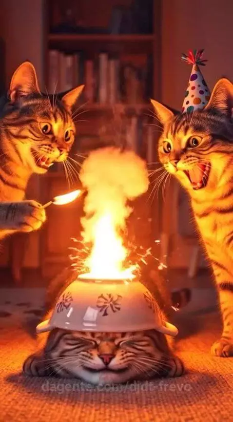 Dois gatos malhados cinzas acendem uma bombinha embaixo de u... by djdt-frevo